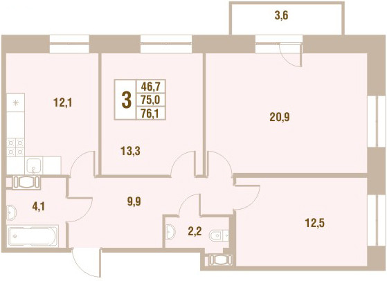 Трёхкомнатная квартира 76.1 м²