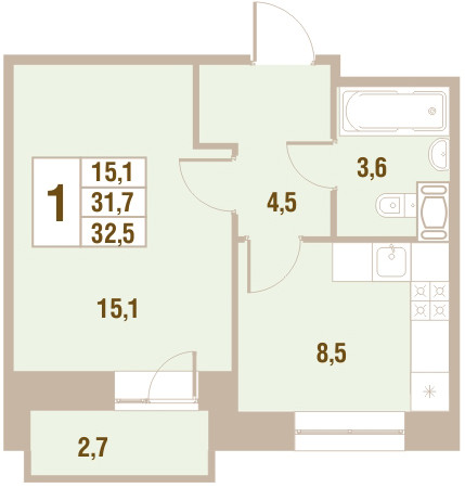 Однокомнатная квартира 32.5 м²