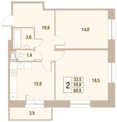 Двухкомнатная квартира 60.9 м²
