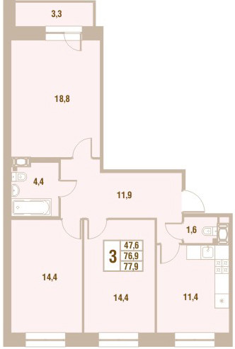 Трёхкомнатная квартира 77.9 м²